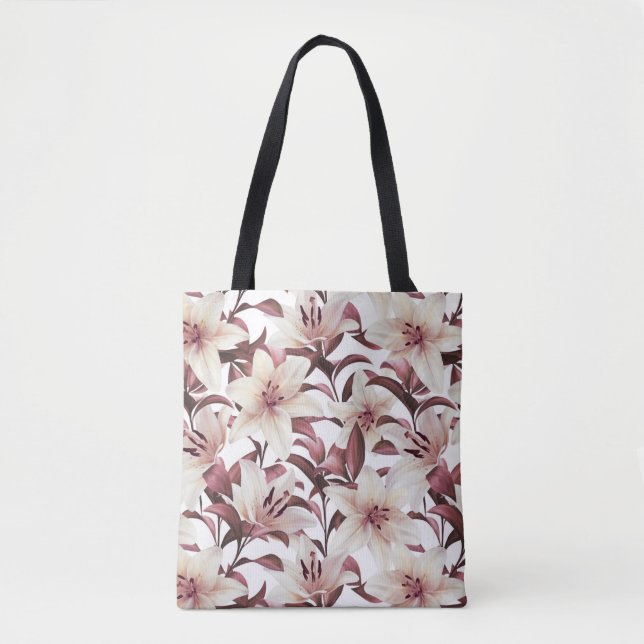 Lilies på vitt. Blommönster Tygkasse (Framsida)