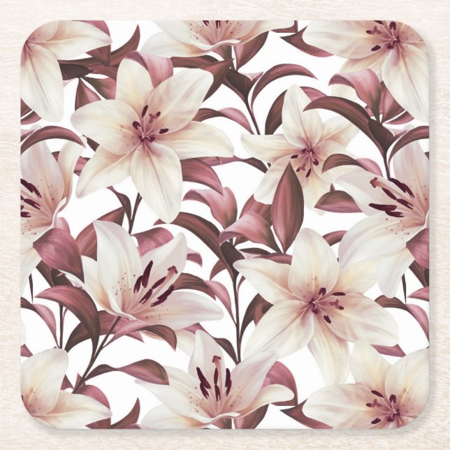Lilies på vitt. Blommönster Underlägg Papper Kvadrat (Framsidan)