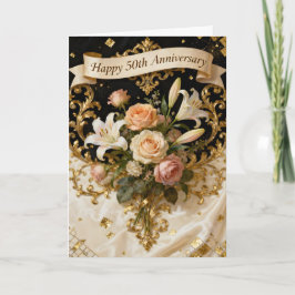 Lilies Roses and Gold 50th Wedding Anniversary Kort