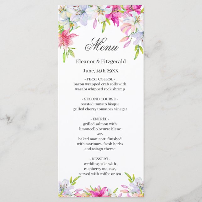 Lilies Watercolor Bröllop Menu Meny (Framsida)