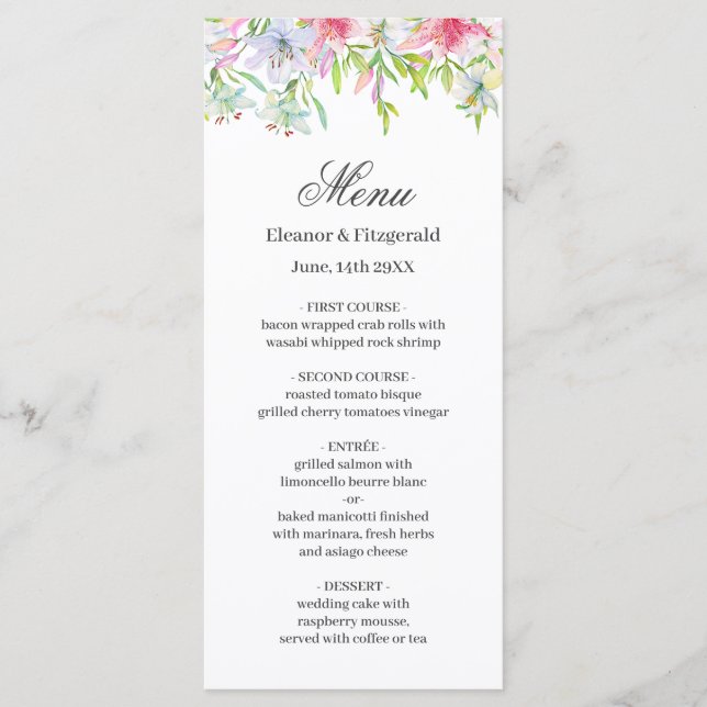 Lilies Watercolor Bröllop Menu Meny (Framsida)