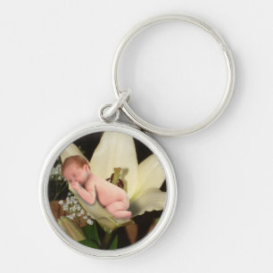 Liljablommababy Keychain Rund Silverfärgad Nyckelring