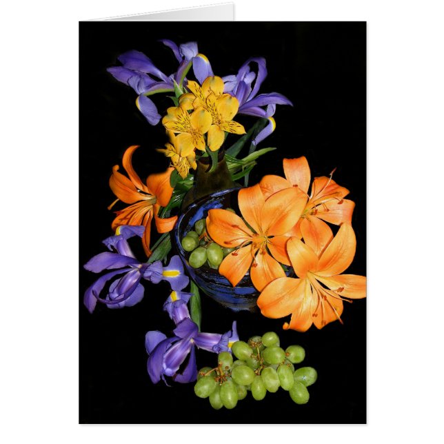 Liljar, irises och druvor hälsningskort (Framsidan)