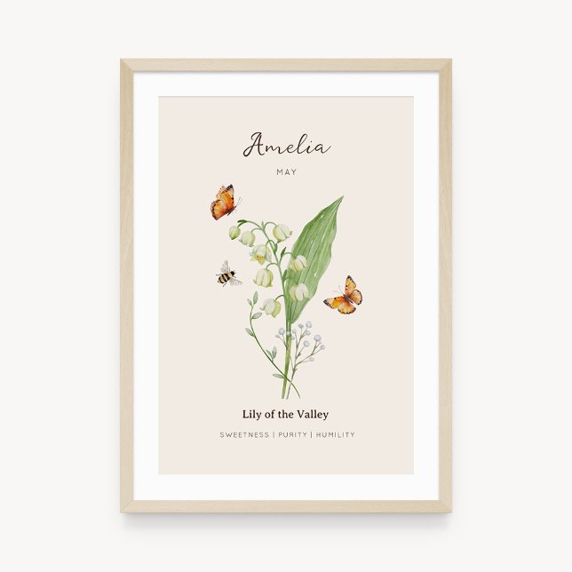 Liljekonvalj Födelsemånad Blomma Affisch (Example of lily of the valley birth flower poster once framed. )