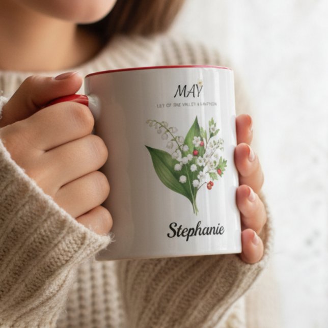 Liljekonvalj Födelsemånadspresent Botanisk Mugg (Soft Botanical Lily of the Valley – May Birth Month Gift mug)