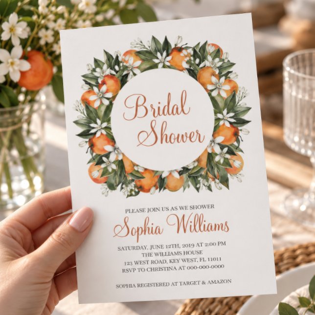 Liljor och Orange Blommig Bröllopsdusch Inbjudningar (Orange Citrus Wreath Bridal Shower Invitation, watercolor oranges and white blossoms)