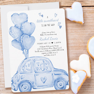 Lilla Älskling Blå Bil och Ballong Baby Shower Inbjudningar