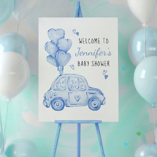 Lilla älskling blå bil och ballonger välkommen poster