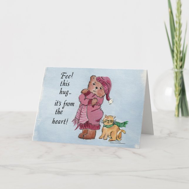 Lilla Bear Caricature Ge a Hug från hjärtat Helgkort (Framsida)