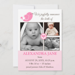 Lilla Bird Hearts Baby Photo Birth Notice Meddelande
