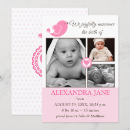 Lilla Bird Hearts Baby Photo Birth Notice Meddelande