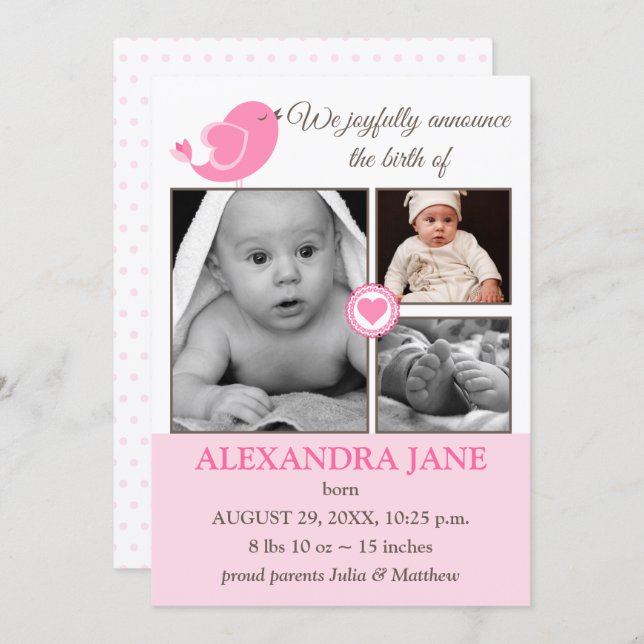 Lilla Bird Hearts Baby Photo Birth Notice Meddelande (Fram/baksida)
