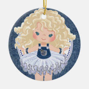 Lilla Blonde Girl Denim och Diamonds jul Julgransprydnad Keramik
