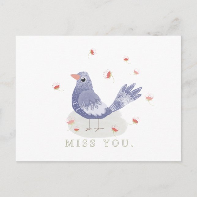 Lilla Blue Bird and Flowers Miss You Vykort (Framsida)