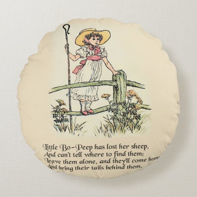 Lilla Bo-Peep: Klassisk Kate Greenaway Nursery Rund Kudde (Framsidan)