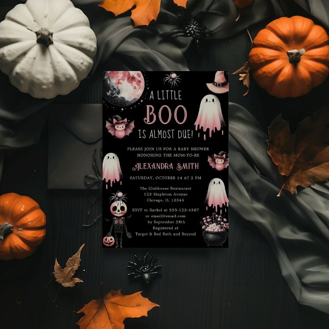 Lilla Boo Rosa & Svart Halloween Flicka Barnkalas Inbjudningar (Little Boo is Almost Due! Pink & Black Halloween Girl Ghost Baby Shower Invitation)