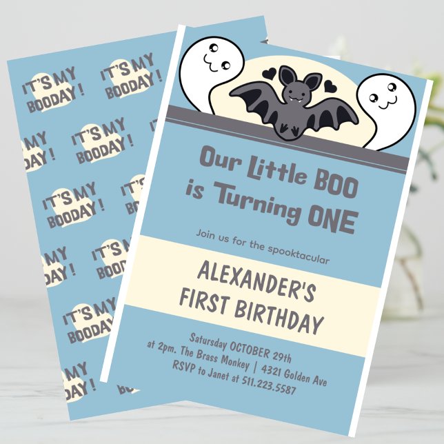 Lilla boo Turing one Cute Halloween 1st-födelsedag Inbjudningar (Halloween-1st-birthday-Invitation-Little-boo-Turning-one-Cute-blue-1)