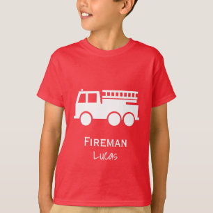 Lilla Boy Fire Lastbil med Namn Red och White T Shirt