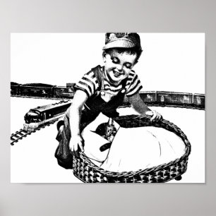 Lilla Boy med Tåg och Vintage Art Poster