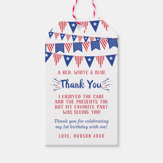 Lilla bråkmakare 4:e juli 1:a födelsedagen presentetikett (Framsidan)