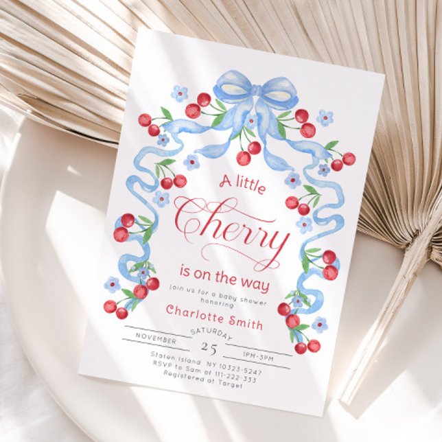 Lilla Cherry på hur Blue Bow-babyn duschar Inbjudningar (Skapare uppladdad)