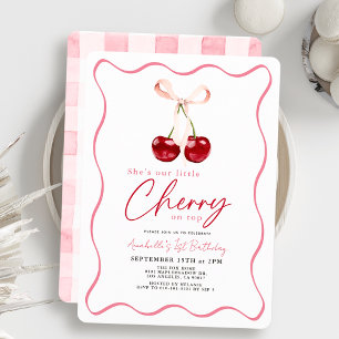 Lilla Cherry på Top Ribbon Gingham 1:a födelsedag Inbjudningar