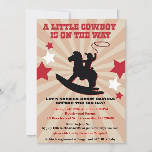 Lilla Cowboy Baby Shower Inbjudan, Rocking Horse Inbjudningar (Framsida)