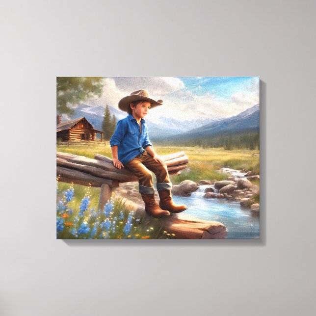 Lilla Cowboy på Fence Boy's Bedroom Art Canvastryck (Framsida)