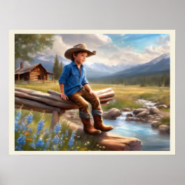 Lilla Cowboy på Fence Boy's Bedroom Art Poster