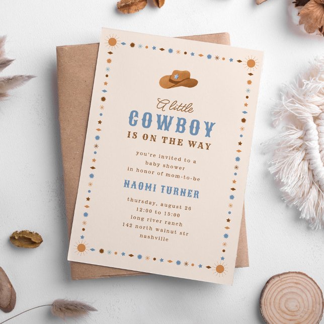 Lilla Cowboy på vägen Western babystövel Inbjudningar (little cowboy on the way baby shower invitation in blue and browns.)