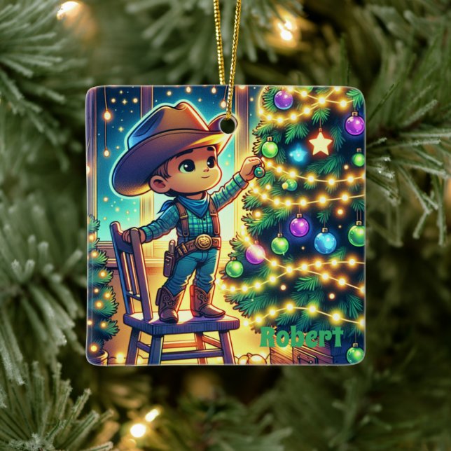 Lilla cowboyen på stol som dekorerar Julgran Julgransprydnad Keramik (Träd)