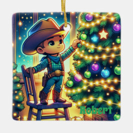 Lilla cowboyen på stol som dekorerar Julgran Julgransprydnad Keramik