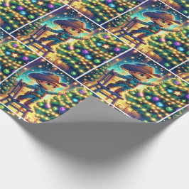 Lilla cowboyen på stol som dekorerar Julgran Presentpapper