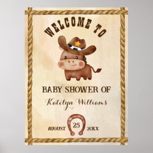 Lilla cowboysöt baby-häst i en hatt-babydusch poster