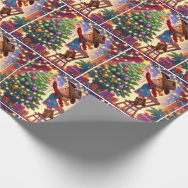 Lilla Cowgirl på stol som dekorerar Julgran Presentpapper