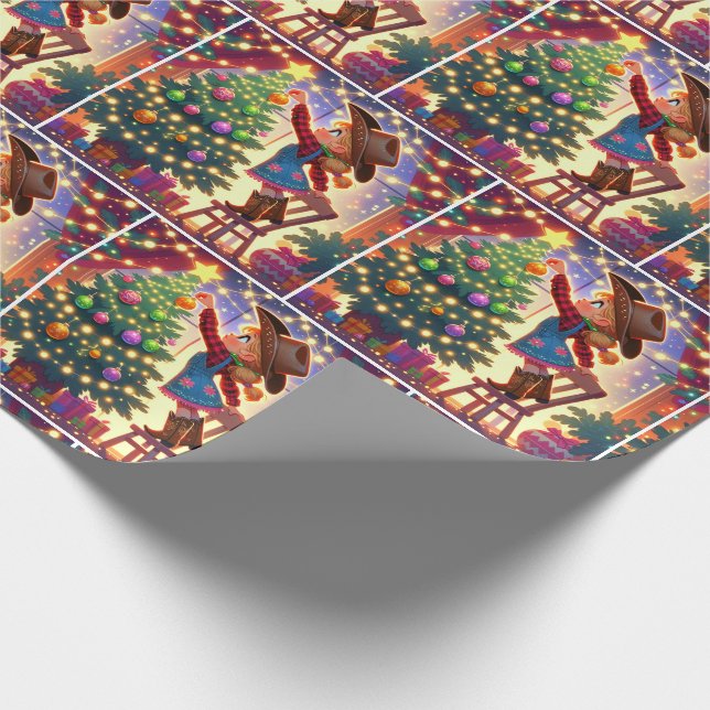 Lilla Cowgirl på stol som dekorerar Julgran Presentpapper (Hörn)