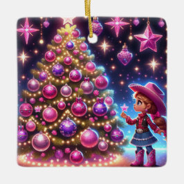 Lilla Cowgirl står framför Träd jul Julgransprydnad Keramik