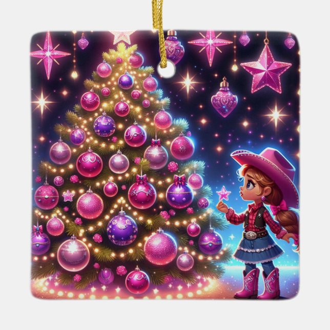 Lilla Cowgirl står framför Träd jul Julgransprydnad Keramik (Framsida)