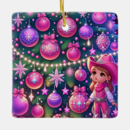 Lilla Cowgirl står framför Träd jul Julgransprydnad Keramik