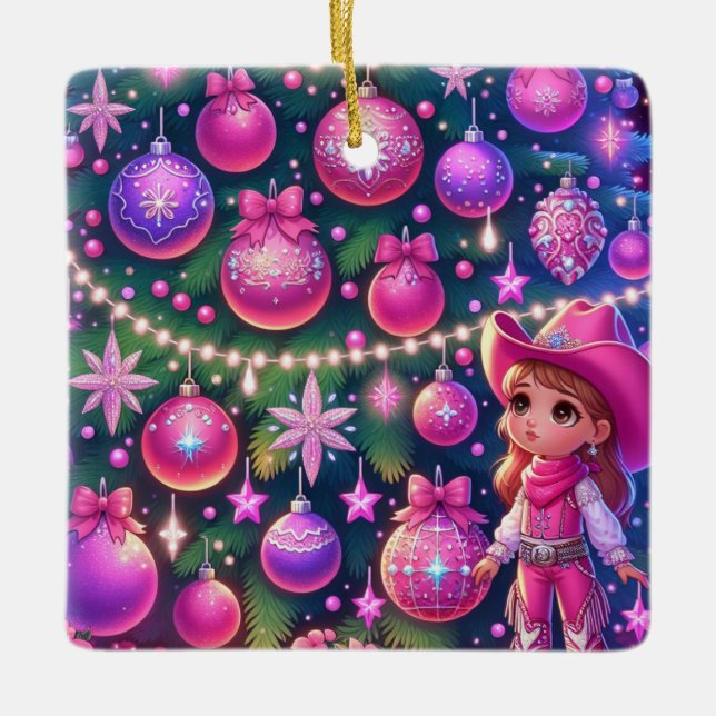 Lilla Cowgirl står framför Träd jul Julgransprydnad Keramik (Framsida)