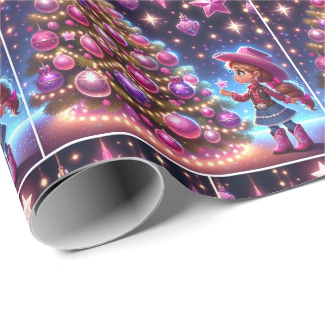 Lilla Cowgirl står framför Träd jul Presentpapper (Rullad Hörn)