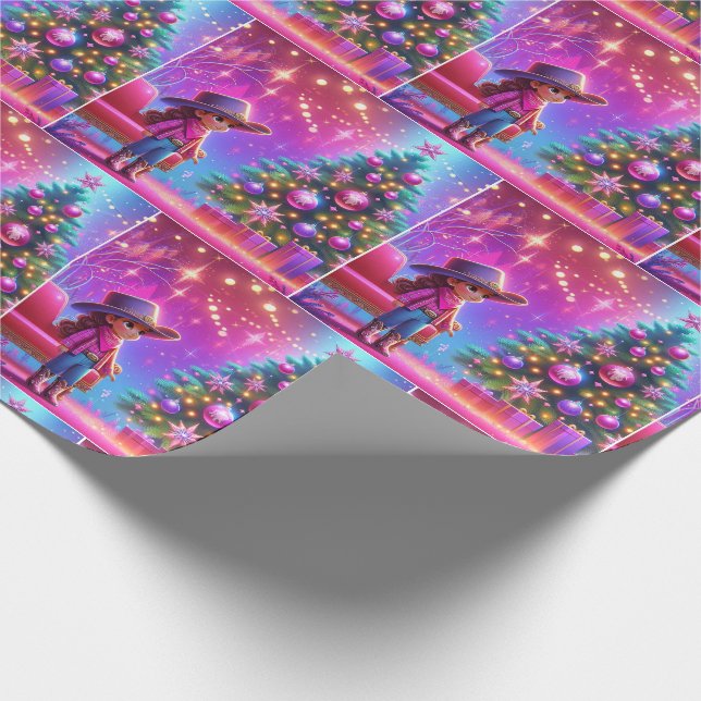 Lilla Cowgirl står framför Träd jul Presentpapper (Hörn)