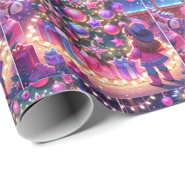 Lilla Cowgirl står framför Träd jul Presentpapper (Rullad Hörn)