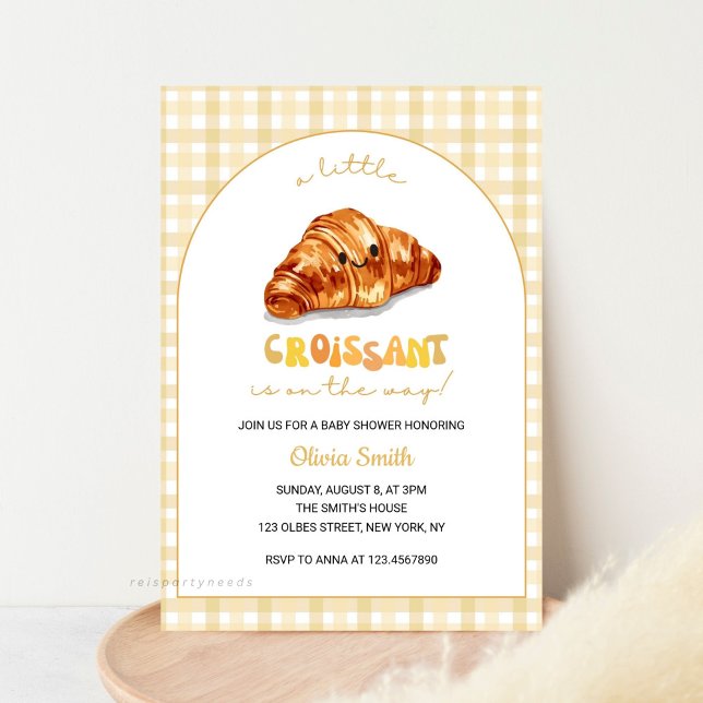 Lilla Croissant på Way Baby Shower Inbjudningar (Baby Shower Invitation, for Boy or Girl, Little Bun in the Oven, Croissant Baby Invite, Watercolor C)