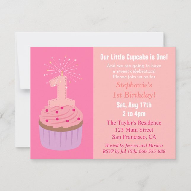 Lilla Cupcake är Ett, Första Födelsedagsfest, Rosa Inbjudningar (Framsida)