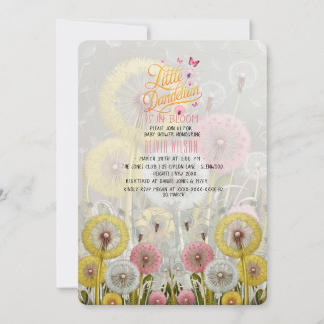 Lilla dandelian är i bloombabydusch#6 inbjudningar (Framsida)