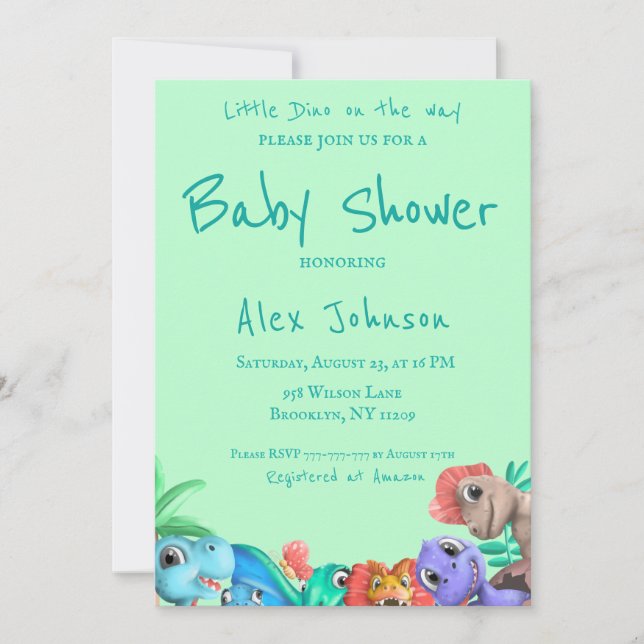 Lilla Dino på vägen mot Greenery Baby Shower Inbjudningar (Framsida)