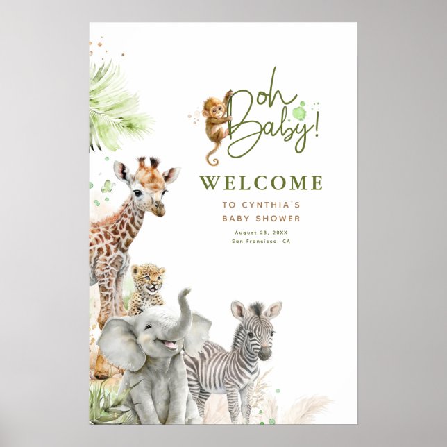 Lilla djur Safari Jungle Baby Shower Välkommen Poster (Framsidan)