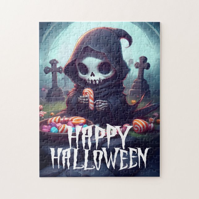 Lilla Dödgrävaren Med Godis Glad Halloween Pussel (Vertikal)
