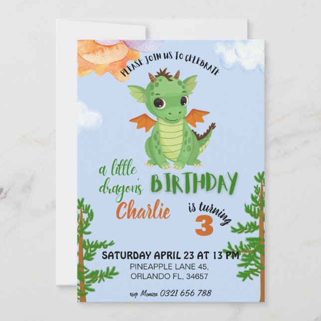 lilla Dragon Birthday Inbjudan blue baby dag (Framsida)